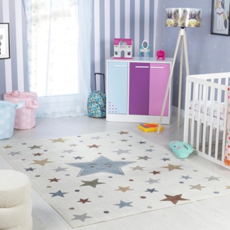 Livabliss Sterne Kinderteppich waschbar - Cartoon Teppich 120x170 cm, Waschbarer Teppich Kinderzimmer oder Babyzimmer, Krabbelteppich oder Spielteppich - Babymatte für Jungen & Mädchen, Creme und Blau