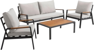 Dehner Garten-Essgruppe Milo, 4-teilig mit 1x Tisch / 1x Sofa / 2x Sessel, inkl. Polster, modernes und gemütliches Lounge-Set aus pulverbeschichtetem Aluminium