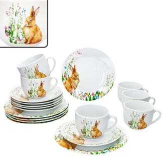 MamboCat Kaffeeservice 18tlg Kaffeeservice Osterfreude Porzellan 6 Personen Hase, Porzellan