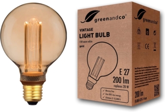 greenandco Vintage Design LED Birne zur Stimmungsbeleuchtung | E27 G95 | gold | 4W 200lm | 1800K extra warmweiß | 320° | 230V | flimmerfrei | nicht dimmbar | Edison Glühbirne