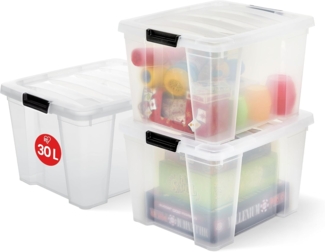 Iris Ohyama Aufbewahrungsboxen mit Deckel, 30L, 3er-Set, Transparent, Sicherer Verschluss, Stapelbar, Griffe, Schlafzimmer, Schrank, Büro, Organisation, BPA-freies Plastik, Ordnungsboxen, HB-30