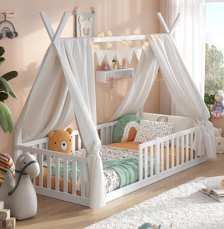 Alavya Home® Kinderbett Bodenbett SKY SET aus Buche – FSC® 100%, Deko & Matratze (Hausbett 90x200 cm SET mit Decoration Weiß, Matratze, Rausfallschutz & Lattenrost Kinderbett 90x200), bodentiefes Jugendbett weiß massiv BUCHE für Junge Mädchen