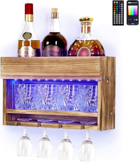Yorbay Weinregal aus Holz mit LED-Beleuchtung, 3 Etagen Wandmontage Wand Flaschenhalter, Vintage, 20 Farben & 60 Lichteffekte