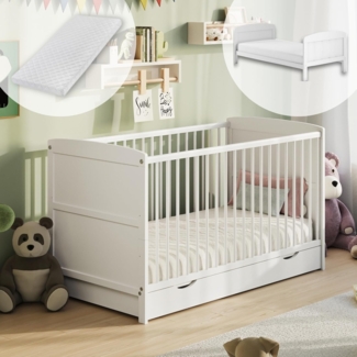 Kids Collective Babybett 60x120 und 70x140 cm mit Schublade Kinderbett optional mit Matratze, 70x140 cm, Weiß, mit Matratze