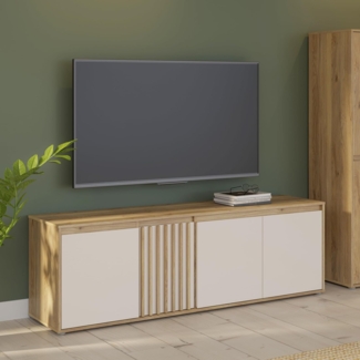 Forte ELISTON TV-Schrank 170 180, modernes Lowboard mit Lamellendesign, 4-türig, Wohnzimmer, Mauvella Eiche Holzdekor|Kashmir Beige, 174,3 cm breit x 56,1 cm hoch x 41,5 cm tief