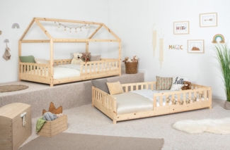 Ticaa Hausbett Duo mit Rausfallschutz aus Kiefer, Bodenbett 100x200, inkl. abnehmbarem Dach, mit Rollrost