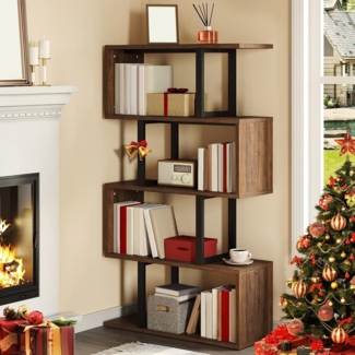 YITAHOME Bücherregal, Regal mit 5 Ebenen, S-förmiges Modernes Freistehendes Multifunktionales Dekoratives Aufbewahrungsregal, Standregal für Schlafzimmer, Wohnzimmer Büro, schwarz (braun)