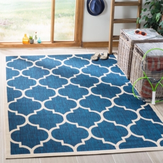 SAFAVIEH Geometrisch Teppich für Wohnzimmer, Esszimmer, Schlafzimmer - Wasserdicht - Courtyard Collection, Kurzer Flor, Marine und Beige, 160 X 231 cm