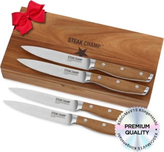 STEAK CHAMP Steakmesser 4er Set - Akazienholzgriffe - in Massivholz Geschenkbox