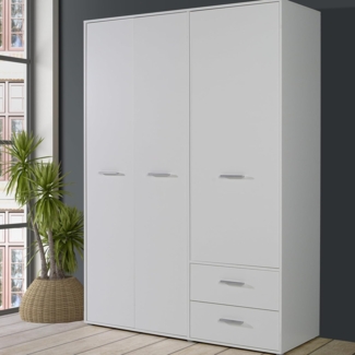Forte Jupiter Kleiderschrank 140 150, Schrank mit 3 Türen und 2 Schubladen, Holzwerkstoff, Weiß, 144,4 cm breit, 200,1 cm hoch, 52,7 cm tief