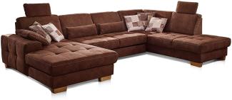 CAVADORE Wohnlandschaft Puccino mit Federkern, Bettfunktion, Sitztiefenverstellung und 2 Kopfstützen / Sofa in U-Form im Landhausstil / 340 x 86 x 224 cm / Mikrofaser braun