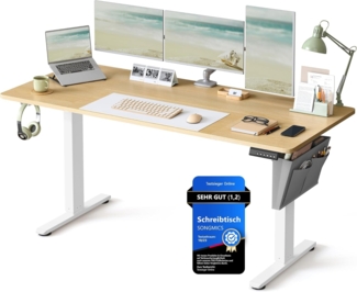 SONGMICS Höhenverstellbarer Schreibtisch elektrisch, 160x70 cm, Verstellbarer Tisch, Memory-Funktion für 4 Höhen, für Büro, goldeichenfarben LSD136Y01