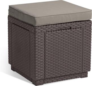 Allibert by Keter Cube Hocker mit Stauraum, braun, inkl. Kissen, Deckel abnehmbar, flache Rattanoptik, wetterfest, 42x42x39cm