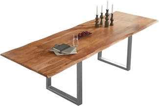 SAM Baumkantentisch 180 (280) x 90 cm Adina, Akazienholz naturfarben & massiv, Esszimmertisch mit 2 Ansteckplatten, Silbernes U-Metallgestell, Platte 26mm