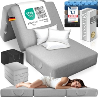 KESSER® Klappmatratze Gästematratze 3-fach Faltmatratze faltbar zum Sitzhocker | Schaumstoff 25kg/m³ extra dick 15cm atmungsaktiv waschbar abnehmbarer Bezug | Matratze inkl. Camping Tragetasche Grau, 90 x 195 x 15 cm