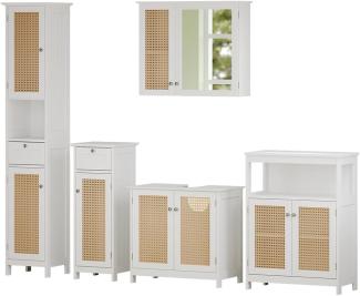 Vicco Badmöbel-Set Rosario, Weiß, moderne Serie, Badezimmer, dekorative Front, Spiegelschrank, Waschtischunterschrank, Midischrank, Hochschrank, Sideboard