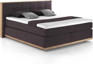 Mivano Levana Boxspringbett mit Sockel aus Eiche, 7-Zonen-Federkern, Matratzen H2/H4 + Topper Premium, Chenille, Dunkelbraun, Liegefläche 200x200 cm