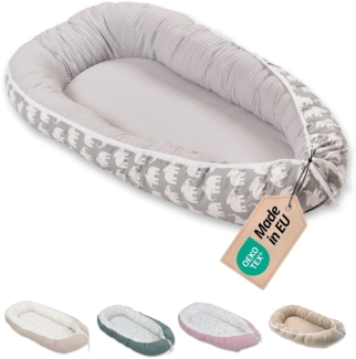 ULLENBOOM® Babynest aus OEKO-TEX Materialien & Made in EU, Graue Elefanten - Babynestchen Neugeborene aus kuscheliger Baumwolle, Als Reisebett, Kuschelnest & Kuschelbett geeignet