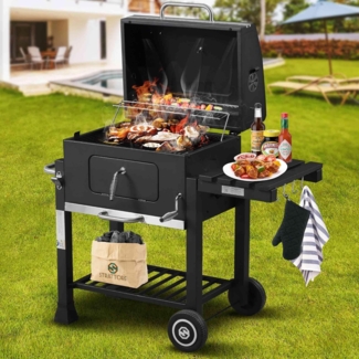 Strattore Holzkohlegrill / quadratischer BBQ XL Grillwagen aus Eisen, Schwarz, ca. 116 x 56,5 x 105 cm