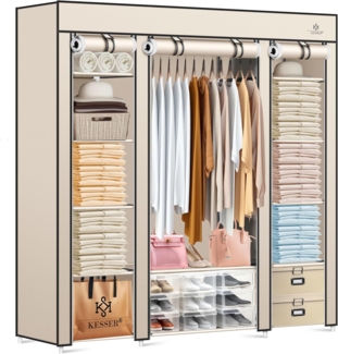 KESSER® Kleiderschrank Stoffschrank Stabil mit Kleiderstange & Ablagen, Inkl. 5X Kleiderbügel, Stoff Faltschrank für Schlafzimmer, Ankleidezimmer Garderobe mit Kleiderständer 150x45x175cm Beige