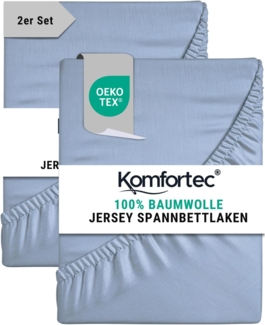 Komfortec 2er Pack Jersey Spannbettlaken 90x200 cm, 100% Baumwolle, Doppelpack Spannbettuch, Hellblau