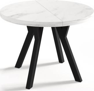 WFL GROUP Designer Runder Ausziehbarer Esstisch - Loft-Stil, Industriell, Platzsparend - Schwarze Beine - 100 bis 150 cm - für 6-8 Personen - Hergestellt in EU - Weiß Marmor - 150 cm