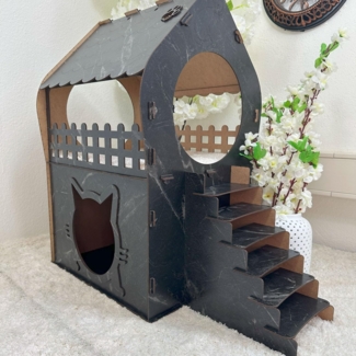 Jungengel Tierhaus Zweistöckiges Katzenhaus aus MDF – Schwarz Marmoriert, Stecksystem ohne Werkzeug, 2 Etagen, Treppe, Balkon, Marmor-Design