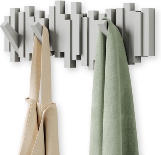 Umbra Stäbchen Garderobenhaken – Moderne und Platzsparende Garderobenleiste mit 5 Beweglichen Haken für Jacken, Mäntel, Schals, Handtaschen und Mehr, Grau