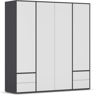 rauch Kleiderschrank Nabila, Drehtürenschrank, Garderobenschrank, 4-türig, 4 Schubkästen, mit 1 Kleiderstange und 5 Einlegeböden, Farbe Weiß/Grau metallic, Schwarz, mit Push-to-Open Funktion, 187x194x53cm
