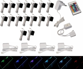 TRANGO LED Glaskantenbeleuchtung, 16er Set RGB Farbwechsel LED Glaskantenbeleuchtung 5022-16 inkl. Fernbedienung Schrankbeleuchtung I Glasbodenbeleuchtung I Vitrinenbeleuchtung, LED Clips I Möbelbeleuchtung