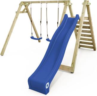 WICKEY Schaukelgestell Smart Swift Kinderschaukel Schaukelgerüst Holzschaukel aus Massivholz mit Rutsche, 2 Schaukelsitzen und Podest 150cm