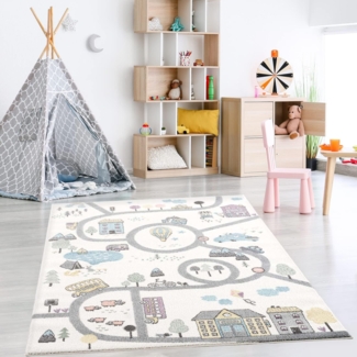 Teppich Kinderzimmer - Pastellfarben - 80x150cm - Flachflor Spielteppich Kinderteppich im Straßendesign für Jungen und Mädchen - Oeko Tex 100 Standard