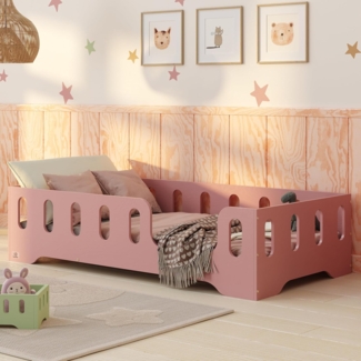 smartwood Kinderbett Bodenbett 70x160 mit Rausfallschutz & Lattenrost - Rosa - Kinder Montessori Bett TILA 2P mit glatten Kanten - Betten für schnelle Montage - Bis 230 kg belastbar