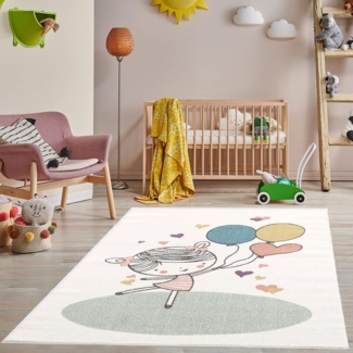 Teppich Kinderzimmer - Cream – 80x150 cm – Spielteppich Luftballon Herz fröhliches Mädchen Kurzflor Kinderteppich – Oeko-Tex Standard 100