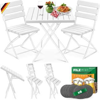 KESSER® Bistroset 3-teilig Balkontisch mit 2 Stühlen | Balkonmöbel Wetterfest & UV-beständig Balkonset klappbare Sitzgruppe | Beschichtetes Stahl | Gartenmöbelset mit 6 Filz-Untersetzer Weiß, Holz-Optik