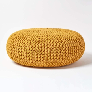 Homescapes Pouf Großer Strickpouf 100% Baumwolle, Senf