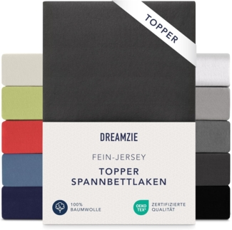 Dreamzie Premium Topper Spannbettlaken 140x200 cm - 160x200 cm - extra niedriger Seitenhöhe - für Boxspringbett - Topperauflage - Spannbetttuch Jersey Baumwolle, 150 g/m² - Oeko-TEX - Schwarz