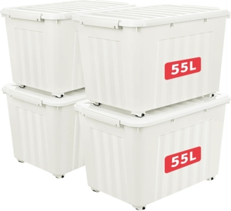 Cetomo 55L*4 Aufbewahrungsboxen mit Deckeln, Kunststoff-Aufbewahrungsbox mit Rollen und Clips, Kunststoffbox für Zuhause und Büro, BPA-frei, Nestbar, Stapelbar, Weiß, 55L-4er Pack
