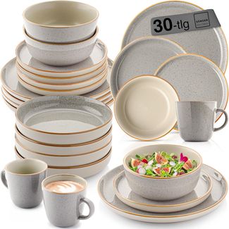 SÄNGER Steingut Geschirrset Rio Perlgrau, Kombiservice 30 teilig für 6 Personen