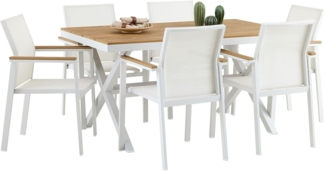 IDIMEX Gartenmöbel Set Windy mit 1 Tisch und 6 Stühlen aus Alu und WPC in weiß/Natur, Esstisch Set in Holzoptik, Stühle mit Netz witterungsbeständig bespannt, Gartensitzgruppe.
