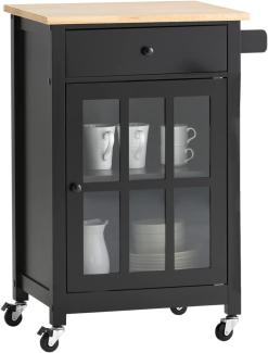SoBuy FKW98-SCH Küchenwagen mit 1 Tür und Schublade Servierwagen mit Arbeitsplatte aus Kautschukholz Beistellwagen Rollwagen Schwarz BHT ca. : 63 x 88 x 46 cm