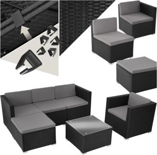tectake® Poly Rattan Lounge, Outdoor Gartenmöbel Set mit Sofa, Sessel, Hocker und Tisch, variabel kombinierbar, Möbel wetterfest für 4-5 Personen, Balkonmöbel, Gartenlounge, Terrassenmöbel - schwarz