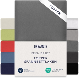 Dreamzie Premium Topper Spannbettlaken 140x200 cm - 160x200 cm - extra niedriger Seitenhöhe - für Boxspringbett - Topperauflage - Spannbetttuch Jersey Baumwolle, 150 g/m² - Oeko-TEX - Anthrazit