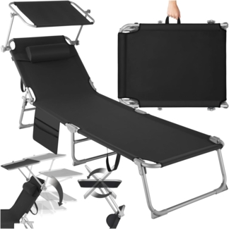 tectake® Sonnenliege klappbar, tragbar, Liege mit Seitentasche, Strandliege, Gartenliege mit Dach, Liegestuhl mit Verstellbarer Rückenlehne, inkl. Kopfkissen - für Balkon, Terrasse, Camping - schwarz