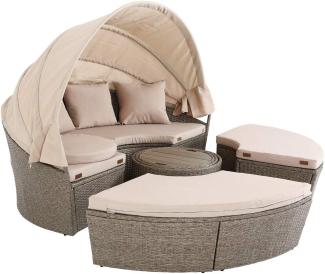 Casaria Sonneninsel Beige, Ø 185 cm Polyrattan Faltbares Dach WPC Tisch 7cm Auflagen 3 Kissen