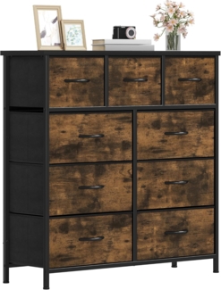 DWVO Kommode mit 9 Schubladen, Schrank aus Stoff mit Griffen, Metallgestell & MDF-Holzplatte, langlebig, für Schlafzimmer & Wohnzimmer,Rustikal Braun