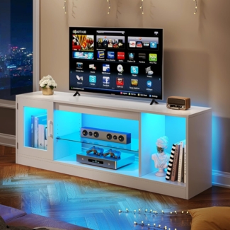 YITAHOME TV Schrank, TV Lowboard LED Weiß - Fernsehschrank Fernsehtisch mit RGB-LED-Leuchten Lowboard und Glasregal Fächern für 65 Zoll & kleinere TVs,für Wohnzimmer Schlafzimmer, B148 x H51 x T32 cm