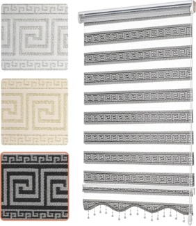 Doppelrollo mit Perlen, Mäander Ornamente Design, Bailena, Lichtschutz, ohne Bohren, freihängend, Klemmfix, glitzernd, Gardine mit Volant-Bordüre