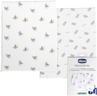 Chicco Bettwäsche-Set aus Bambusfaser, 2 Stück Bettlaken mit Ecken, kompatibel mit Matratzen 50x83 cm, Fantasie mit Blättern und Schnecken, aus Bambusfaser