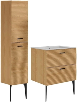 Vente-unique - Badezimmermöbel geriffelt auf Füßen mit Einbauwaschbecken und Hochschrank - 2 Schubladen - Natur hell - 60 cm - SARONE